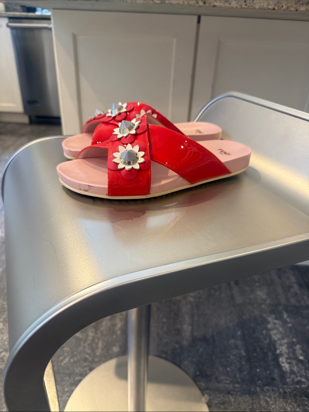 Fendi Red Patent Slide Sandals with Pink Footbed and Floral Studs